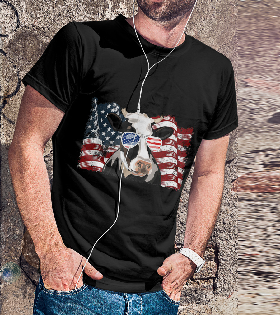 Dairy Cow Wearing American Flag Sunglasses With Waving US Flag Background For 4th Of July T-Shirt