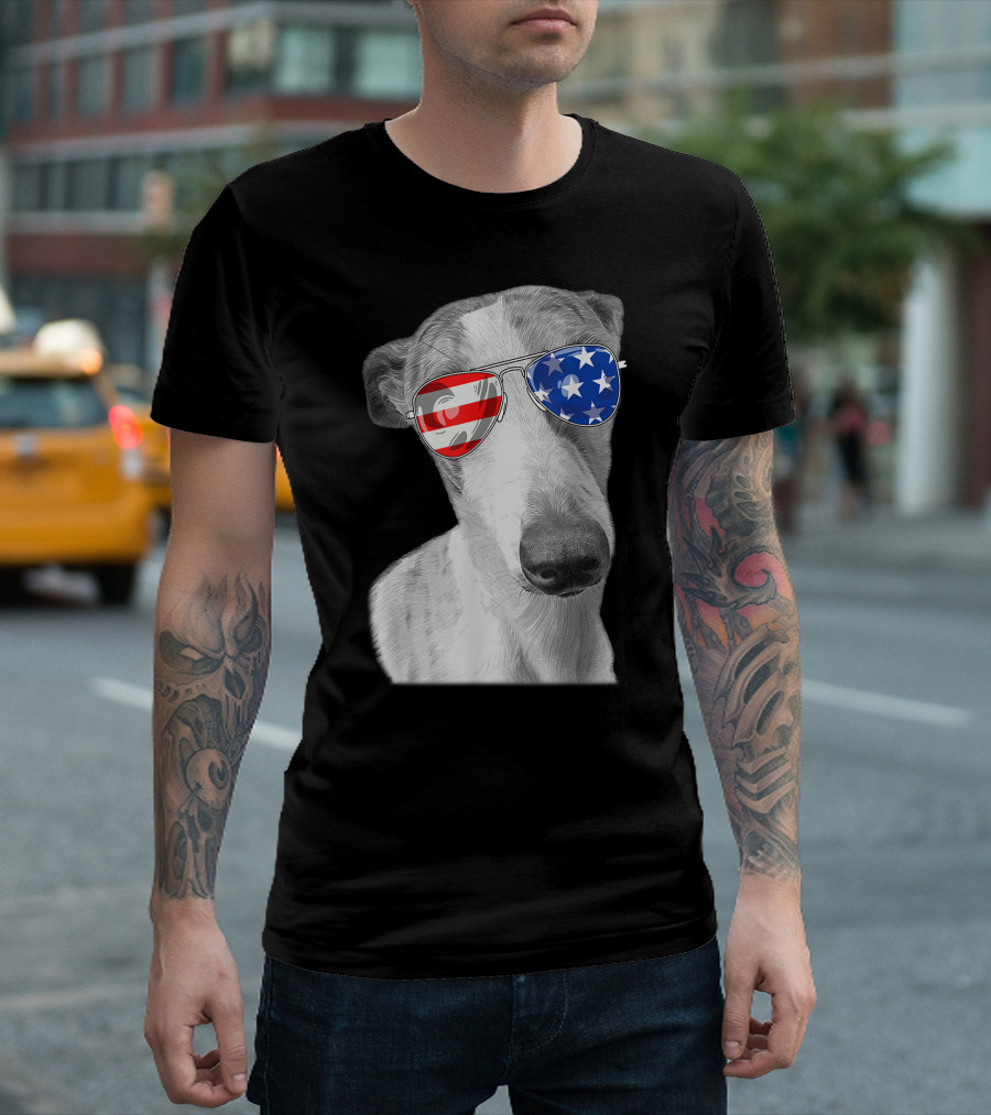 Vintage Whippet Dog American USA Flag Glasses T-Shirt