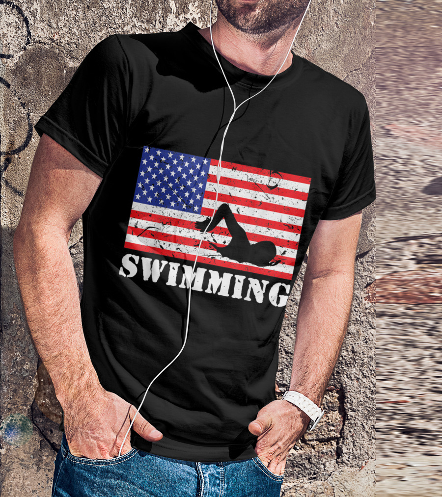 Vintage Distressed USA Flag Swimming Swimmer American Flag T-Shirt