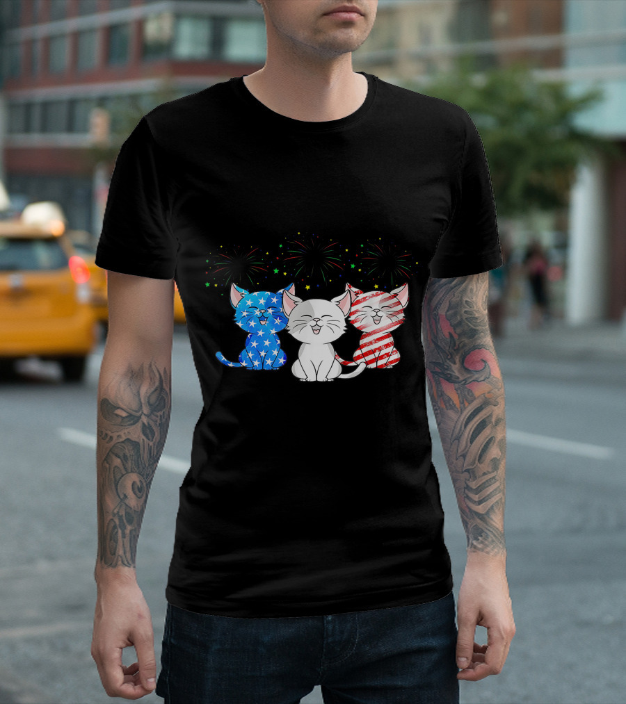 Cute 3 Cat Kittie Fireworks US American Flag 4th July T-Shirt