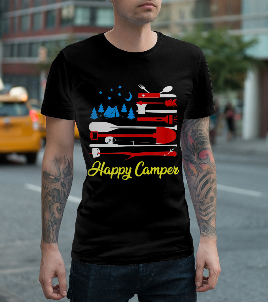 Happy Camper Outdoor Adventure Stars Moon Trees Camping Gear T-Shirt