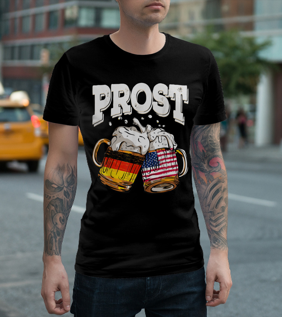 Prost Beer Oktoberfest German American Flag Toast With Beer Mugs T-Shirt