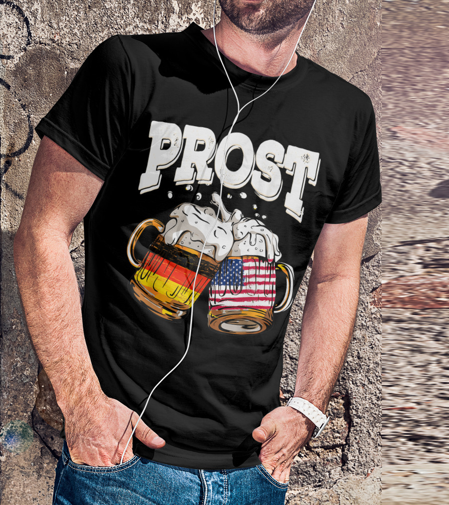 Prost Beer Oktoberfest German American Flag Toast With Beer Mugs T-Shirt