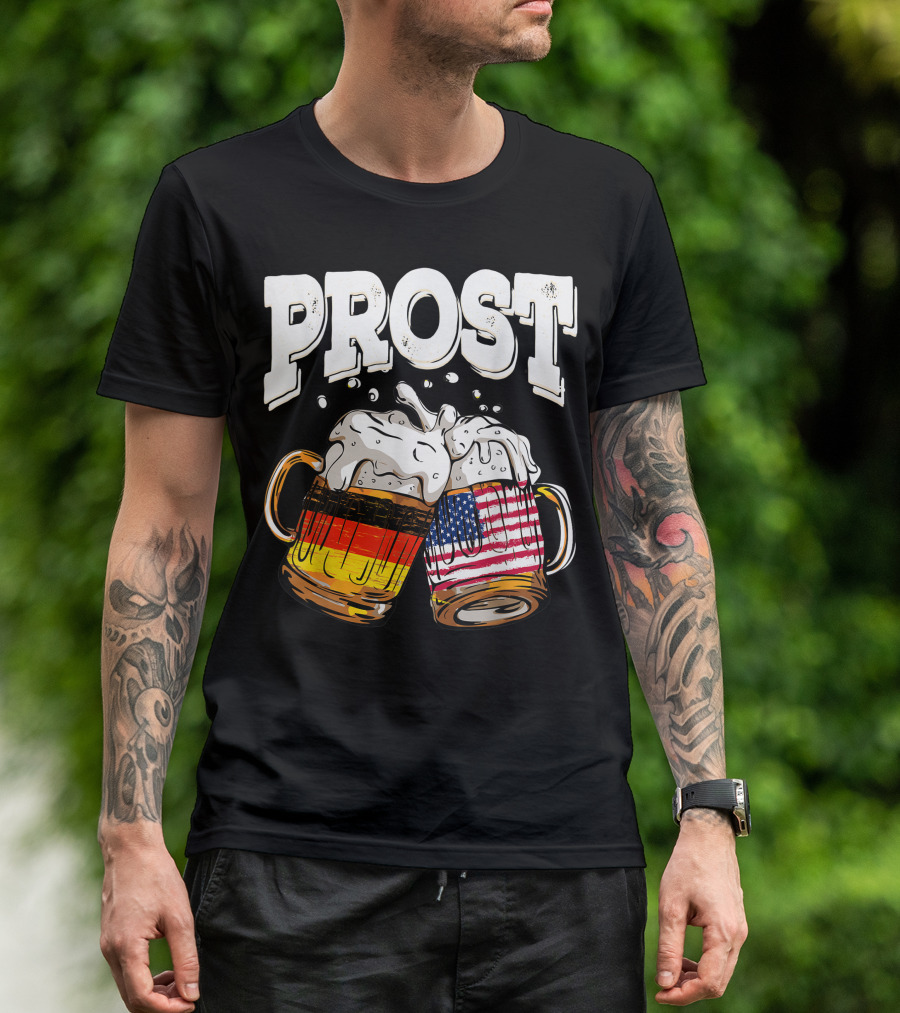 Prost Beer Oktoberfest German American Flag Toast With Beer Mugs T-Shirt