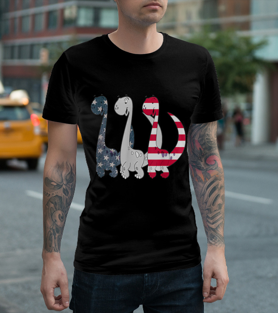 Dino American Flag Patriotic Dinosaur 4th of July Day Stars and Stripes Trio T-Shirt