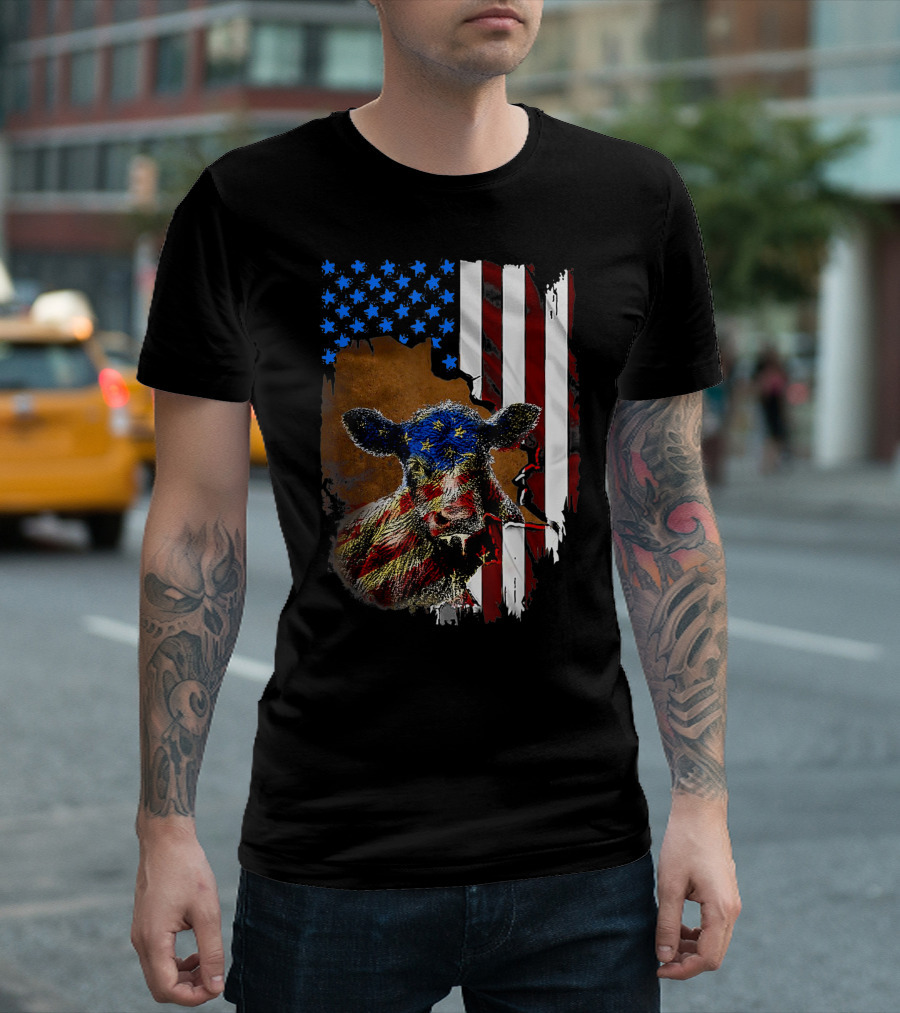 Heifer July 4 American Flag Cow Cattle Farmer Stars Stripes T-Shirt