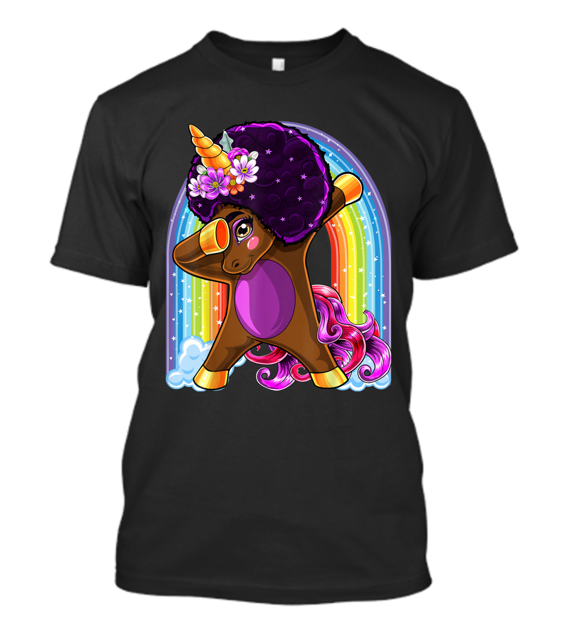 Natural Hair Afro Dabbing Unicorn With Rainbow And Flowers T-Shirt