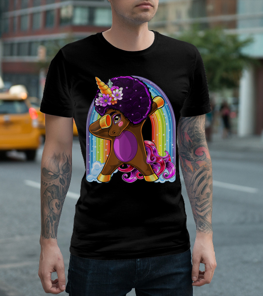 Natural Hair Afro Dabbing Unicorn With Rainbow And Flowers T-Shirt