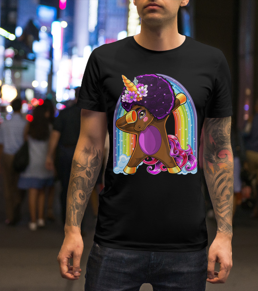 Natural Hair Afro Dabbing Unicorn With Rainbow And Flowers T-Shirt