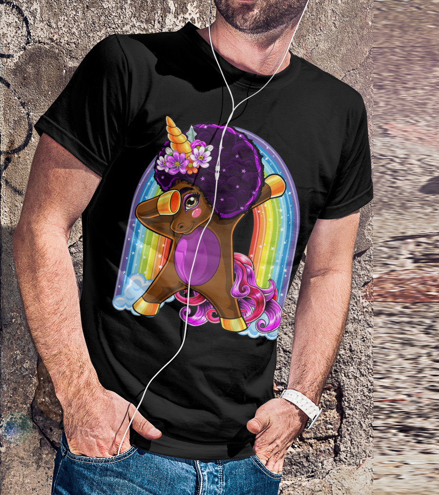 Natural Hair Afro Dabbing Unicorn With Rainbow And Flowers T-Shirt