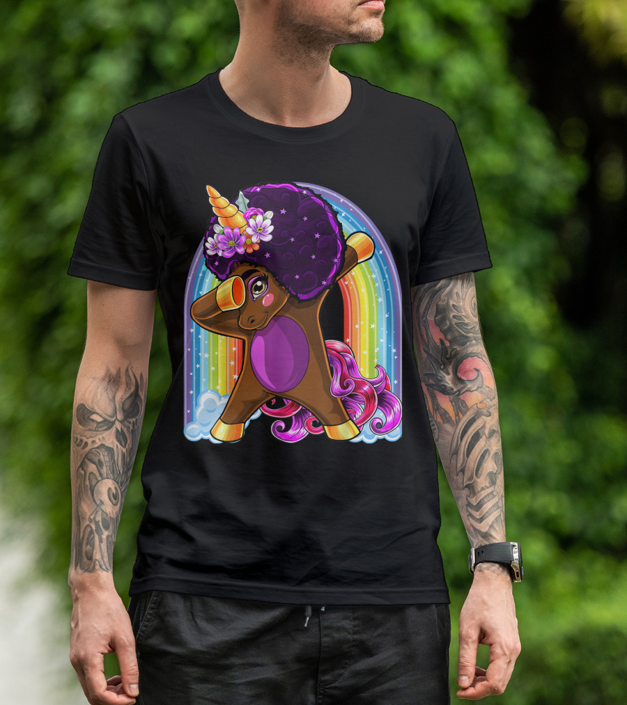 Natural Hair Afro Dabbing Unicorn With Rainbow And Flowers T-Shirt