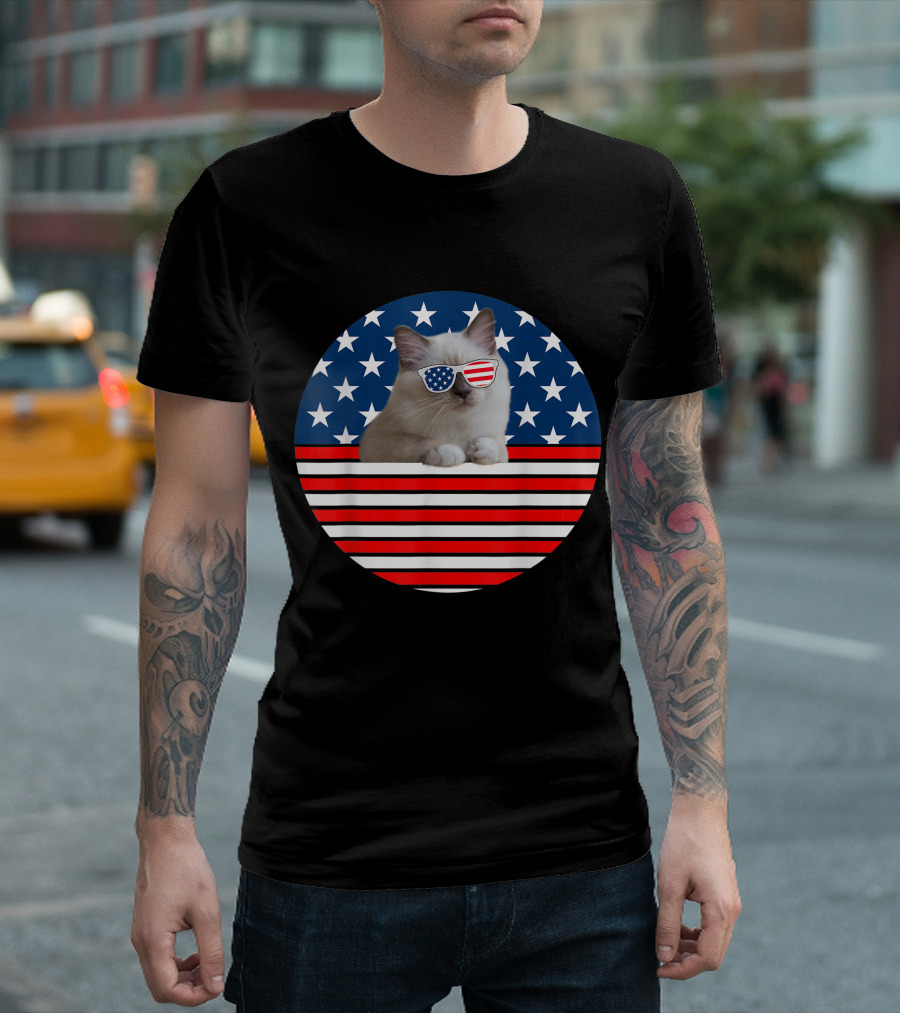 American Birman Cat USA Flag Funny 4th of July Cat with Sunglasses Patriotic T-Shirt