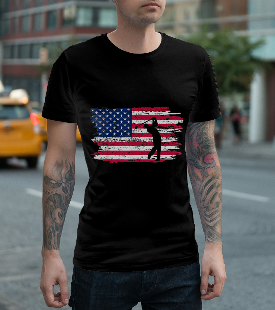 American Flag Golf 4th July Patriotic Golfer Silhouette USA T-Shirt