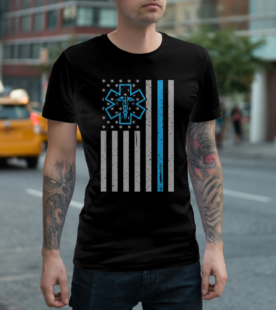 Thin Blue Line Star Of Life American Flag EMS EMT Paramedic T-Shirt
