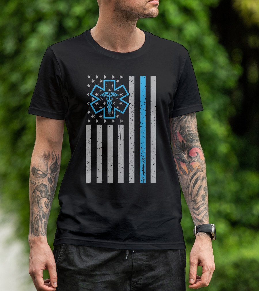 Thin Blue Line Star Of Life American Flag EMS EMT Paramedic T-Shirt