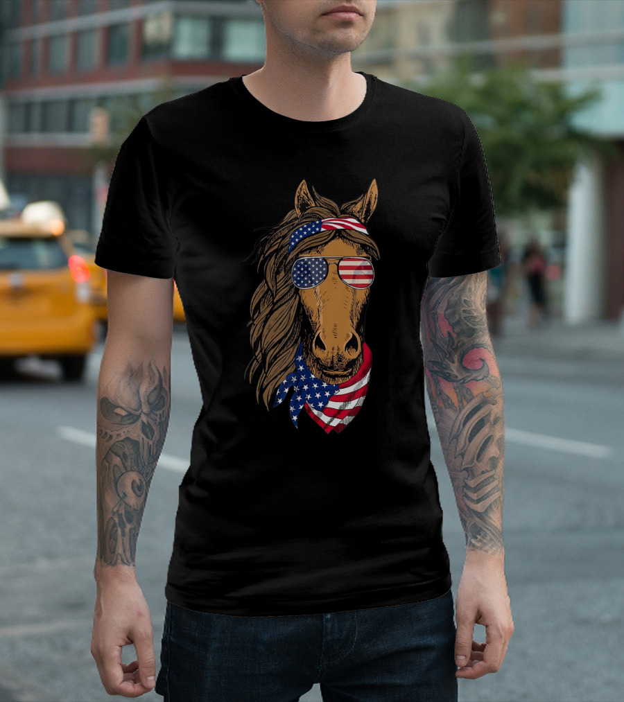 Horse American Flag Sunglasses Cowboy Scarf 4th July T-Shirt