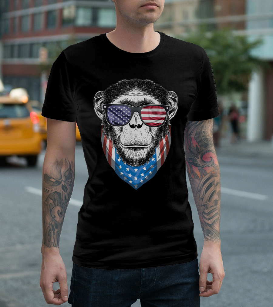 Fourth Of July Chimpanzee with American Flag Sunglasses and Bandana T-Shirt