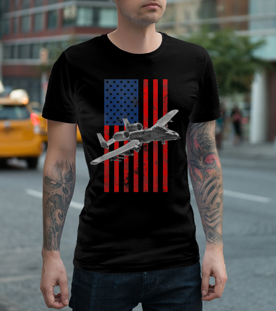 A-10 Warthog Flying Over American Flag with A-10 Thunderbolt T-Shirt
