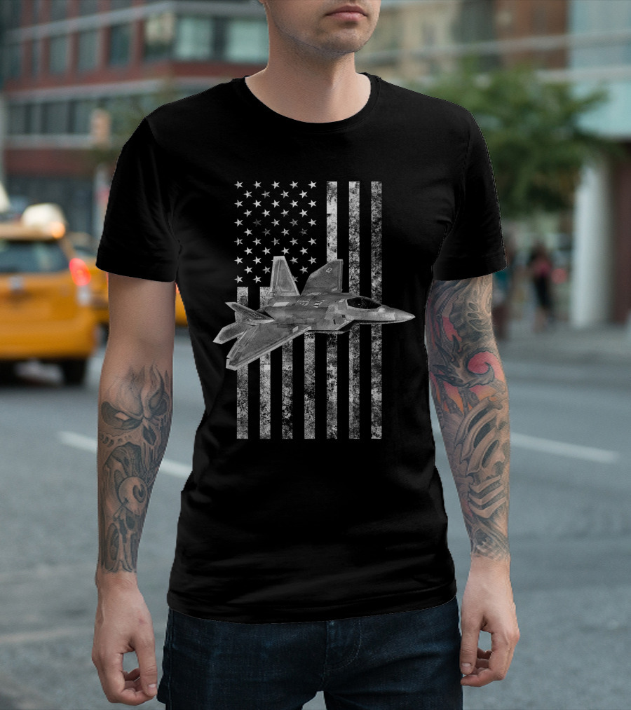 F 22 Raptor Vintage American Flag Military Aircraft T-Shirt