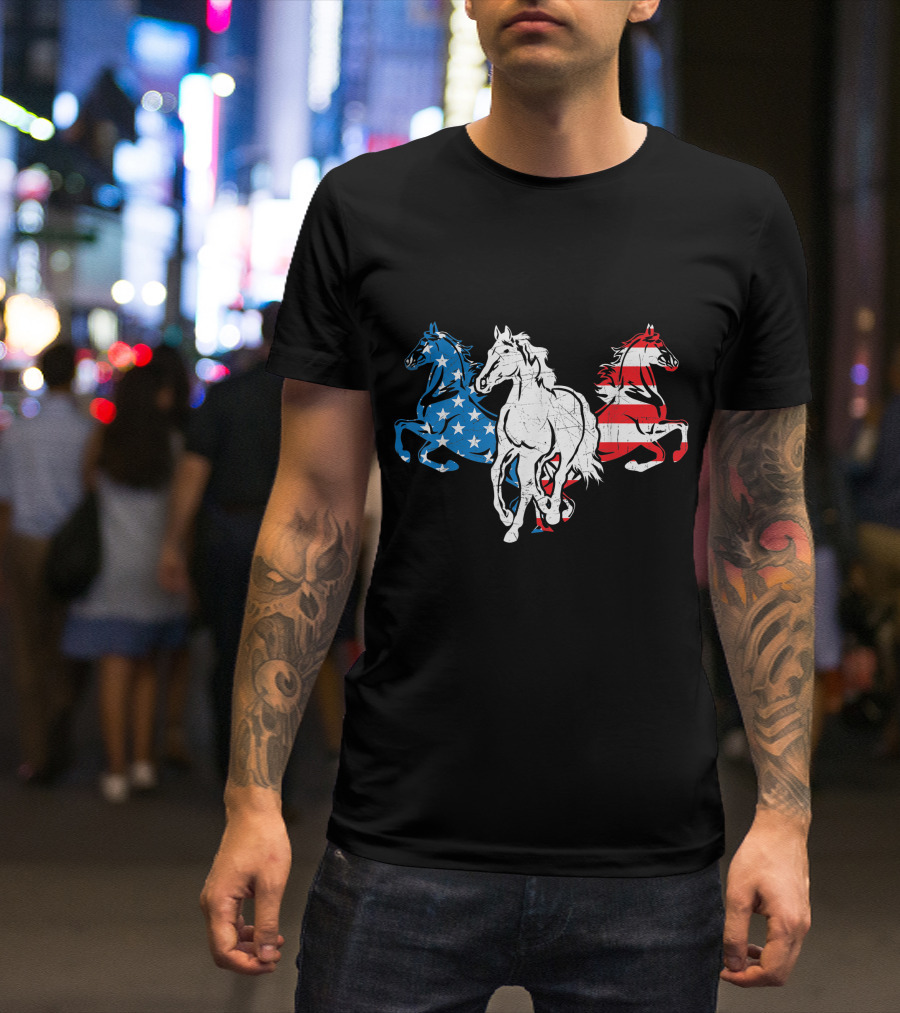 Horses Equestrian American Flag 4th July Patriotic T-Shirt
