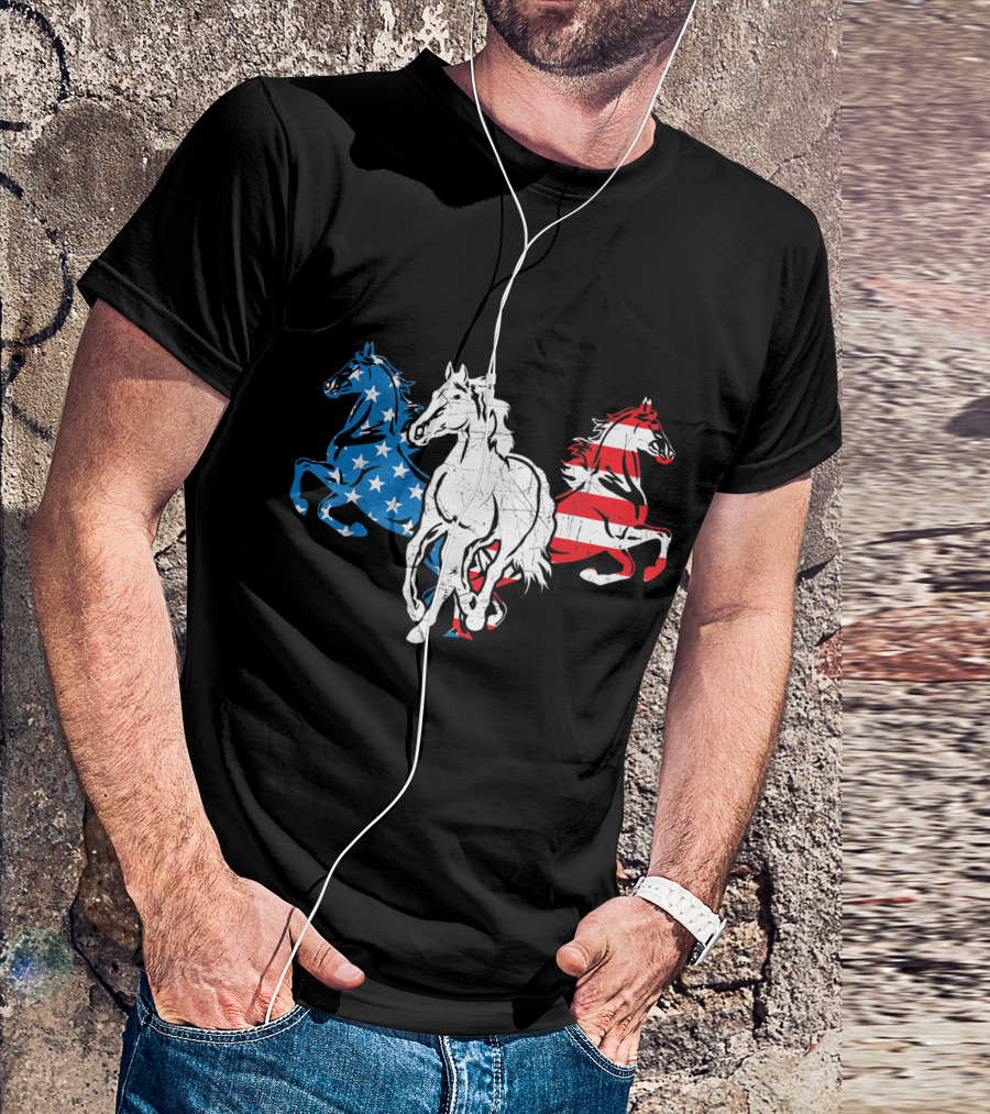 Horses Equestrian American Flag 4th July Patriotic T-Shirt