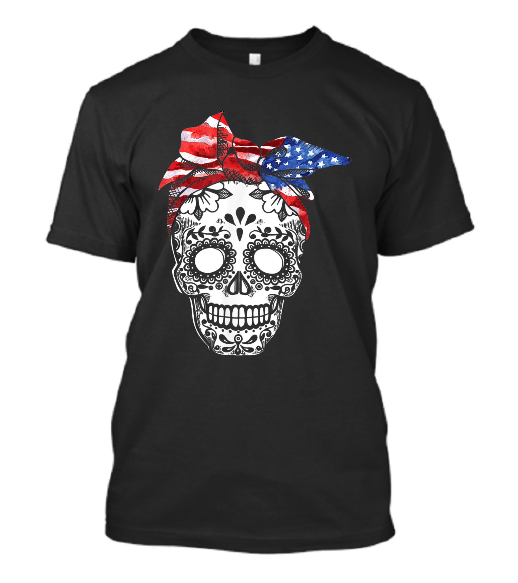 American Flag Skull Sugar Skull With US Flag Headband 4th Of July T-Shirt