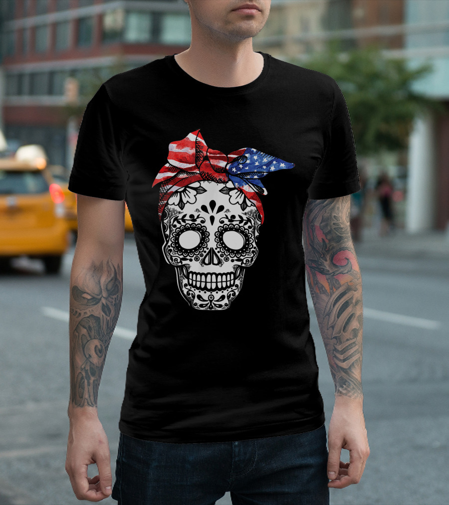 American Flag Skull Sugar Skull With US Flag Headband 4th Of July T-Shirt