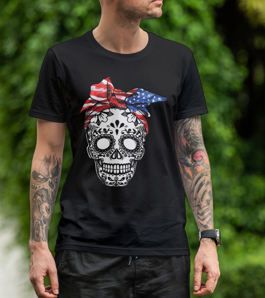 American Flag Skull Sugar Skull With US Flag Headband 4th Of July T-Shirt