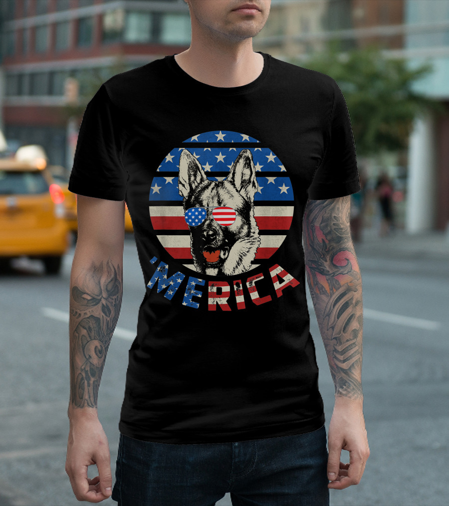 German Shepherd American Flag Merica USA Sunglasses Patriotic Dog T-Shirt