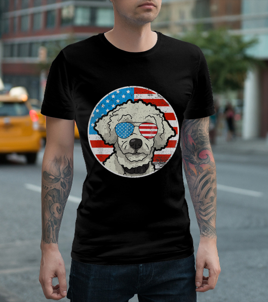 4Th Of July Poodle Dog with American Flag Sunglasses T-Shirt