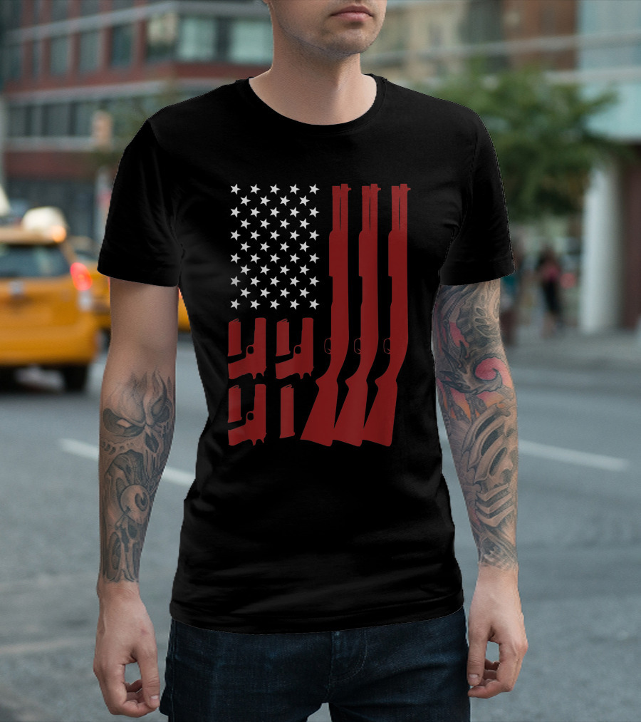American Flag Shotgun Pistol Gun Lover USA T-Shirt