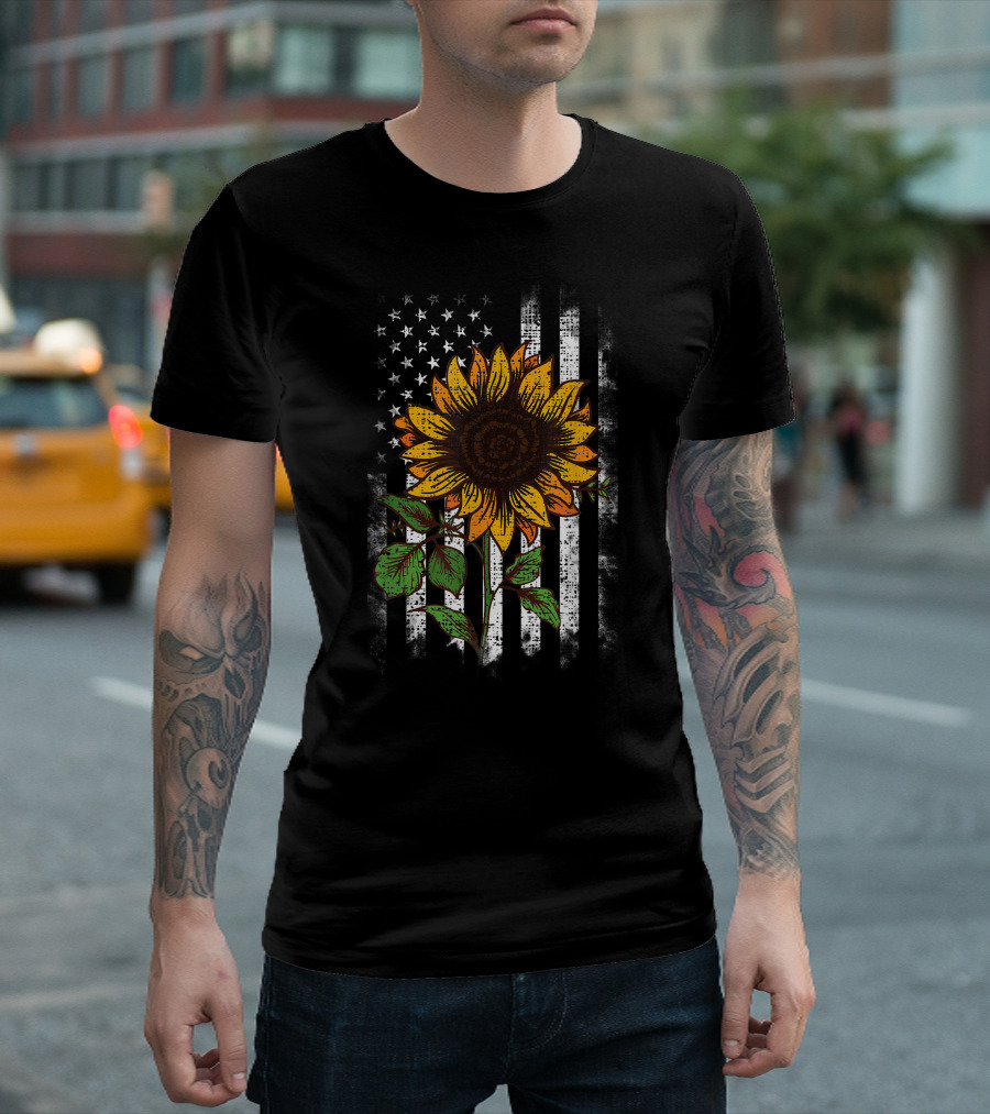 Hippie Sunflower American Flag 4th of July Patriotic T-Shirt