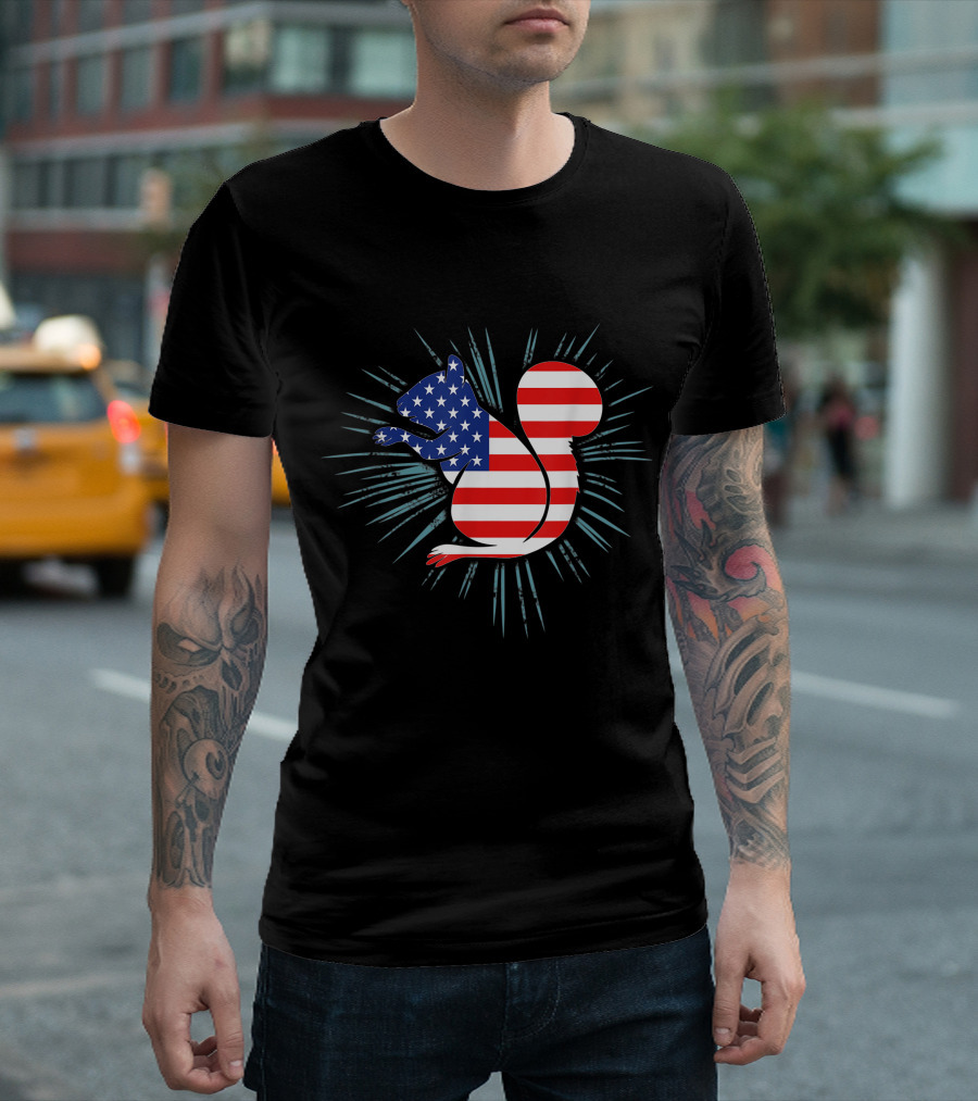Squirrel Chipmunk American Flag Independence Day Starburst T-Shirt