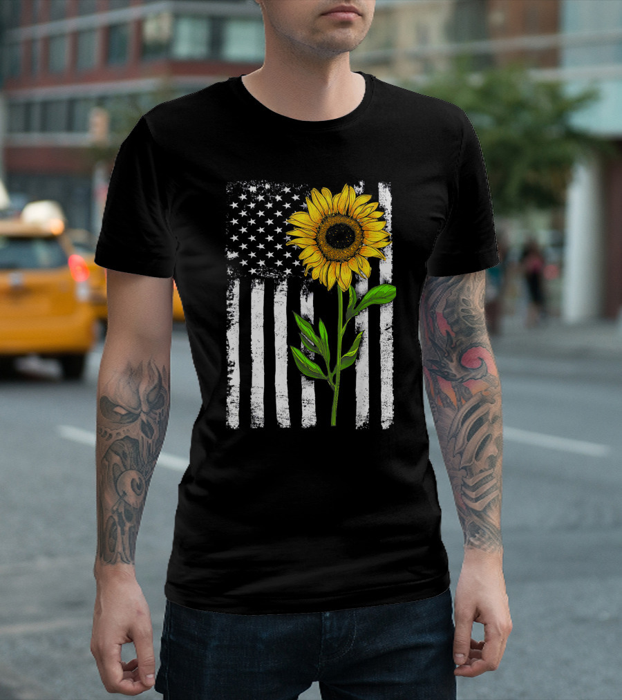 Sunflower American Flag Patriotic 4Th Of July Stars Stripes T-Shirt