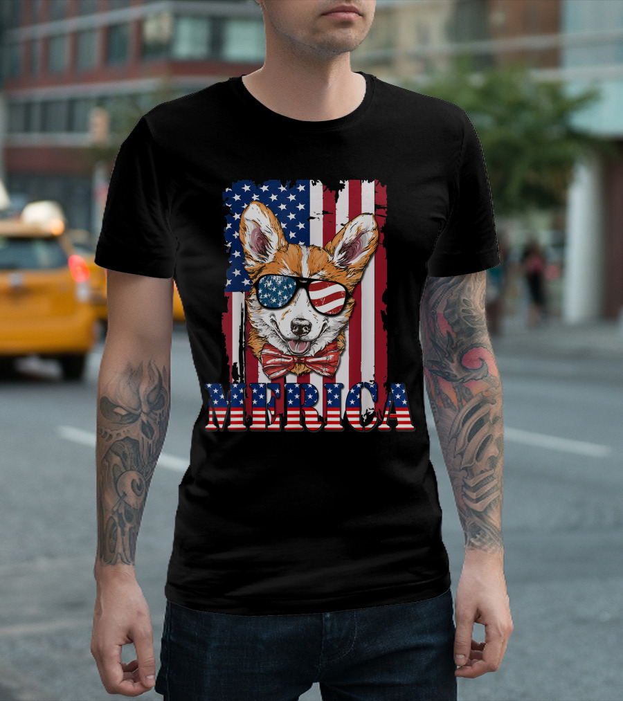 Merica Corgi Dog Wearing Sunglasses American Flag 4th of July T-Shirt