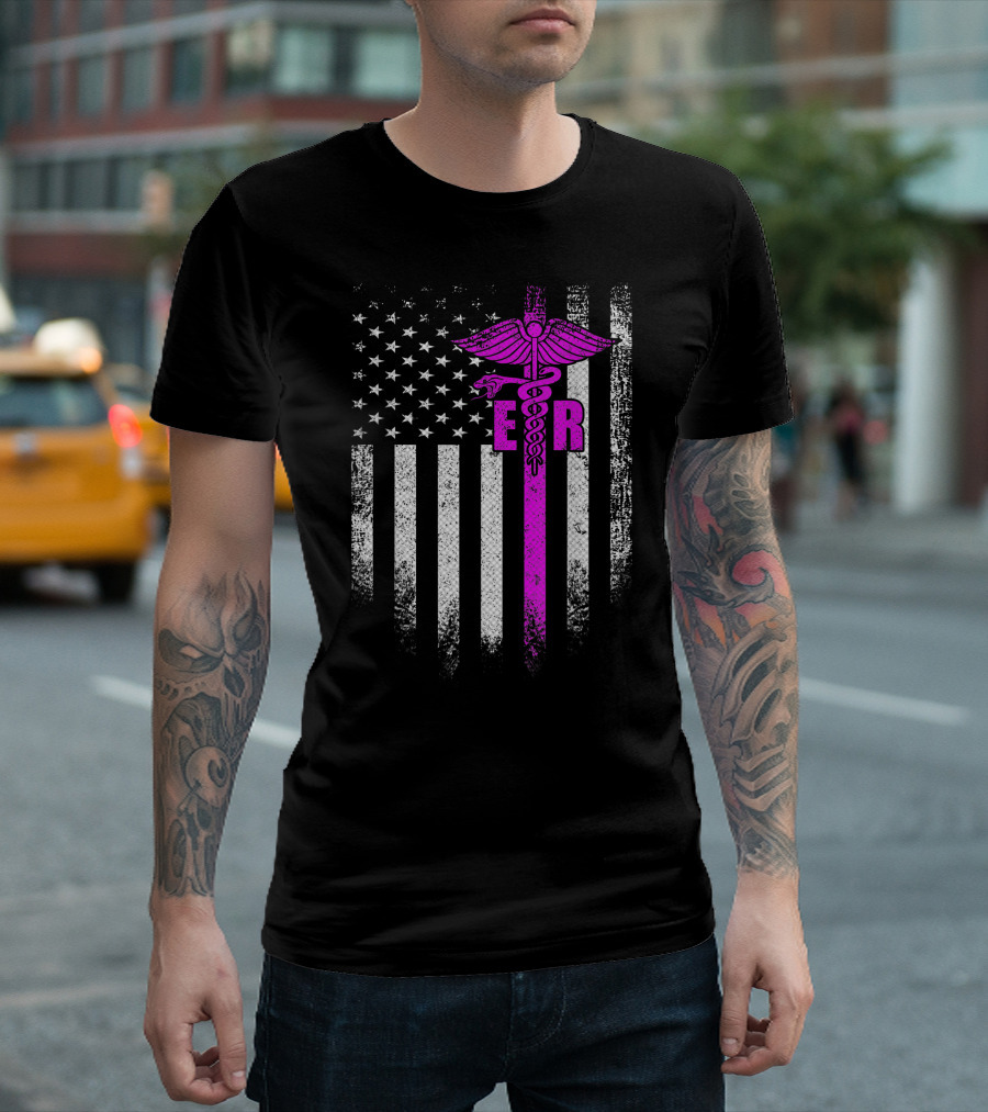 Vintage USA ER Emergency Room Nurse American Flag Caduceus T-Shirt