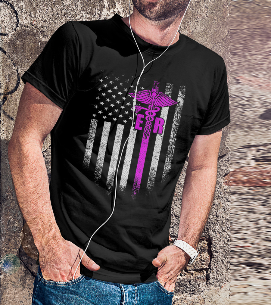 Vintage USA ER Emergency Room Nurse American Flag Caduceus T-Shirt