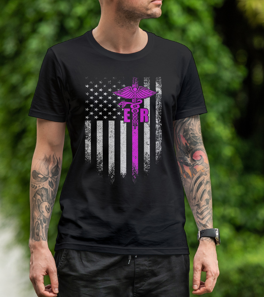 Vintage USA ER Emergency Room Nurse American Flag Caduceus T-Shirt