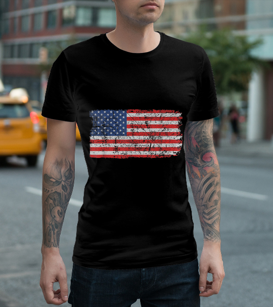 Distressed American Flag Patriotic Grunge Style Print T-Shirt