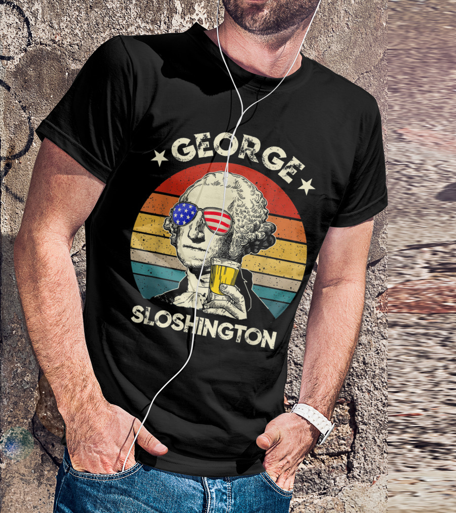 George Sloshington Vintage American 4th Of July With Beer And USA Sunglasses T-Shirt