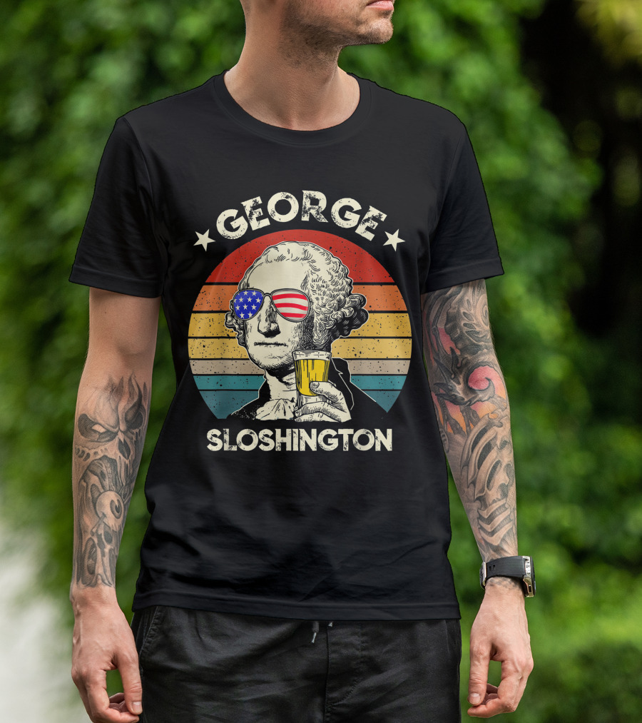 George Sloshington Vintage American 4th Of July With Beer And USA Sunglasses T-Shirt