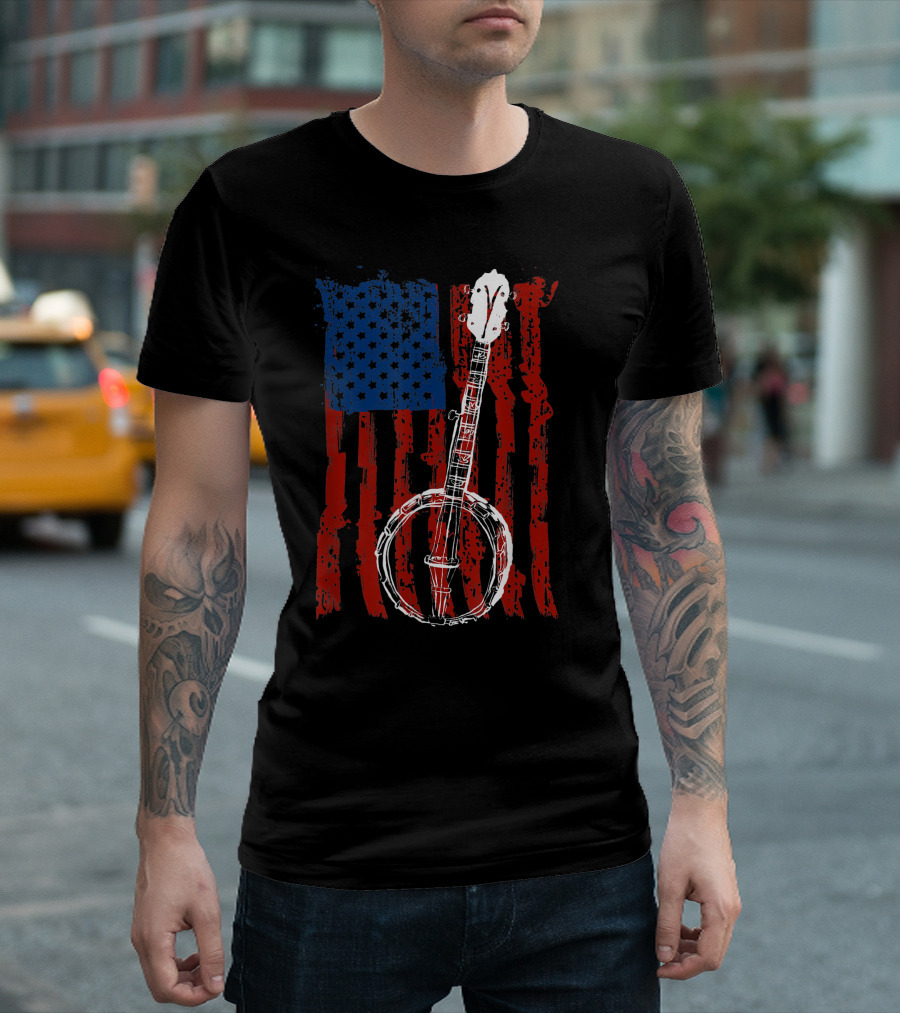 American Flag Bluegrass Banjo Patriotic Usa T-Shirt