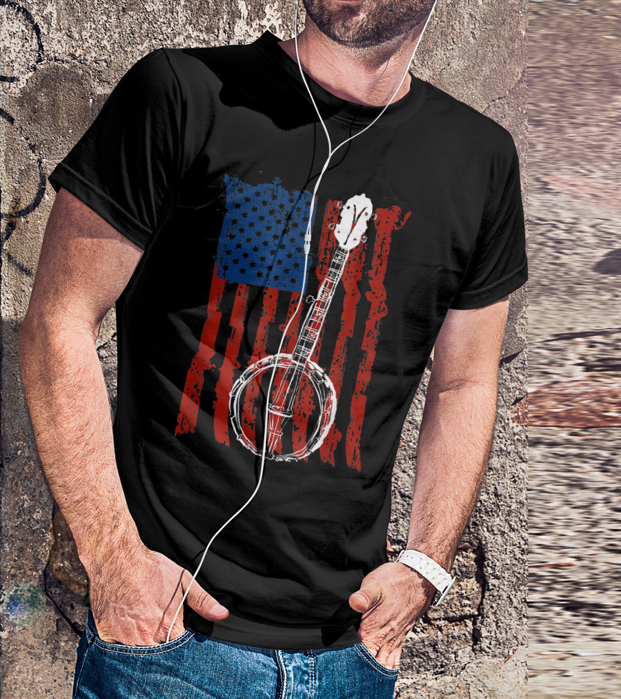 American Flag Bluegrass Banjo Patriotic Usa T-Shirt