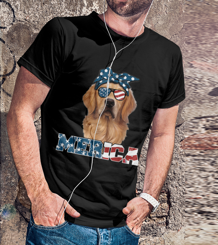 Golden Retriever Merica Stars Stripes Bandana And Sunglasses T-Shirt