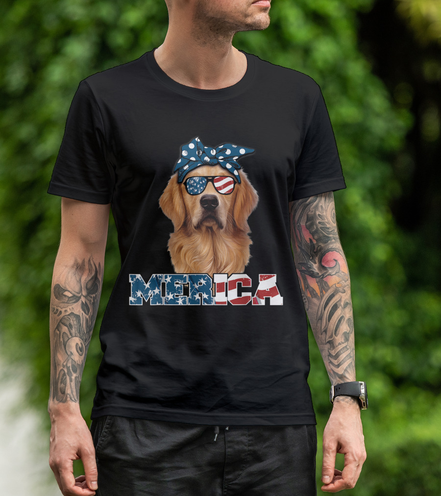 Golden Retriever Merica Stars Stripes Bandana And Sunglasses T-Shirt