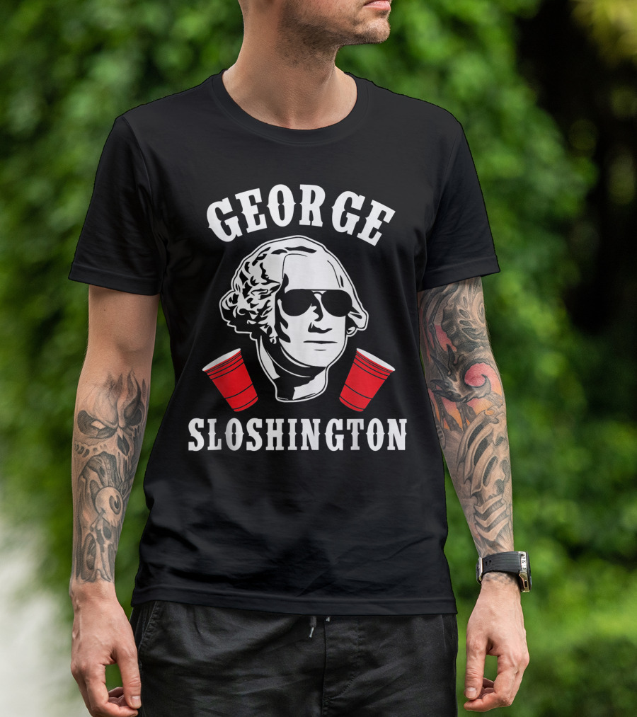 George Sloshington Fourth Of July Aviator American With Red Cups T-Shirt