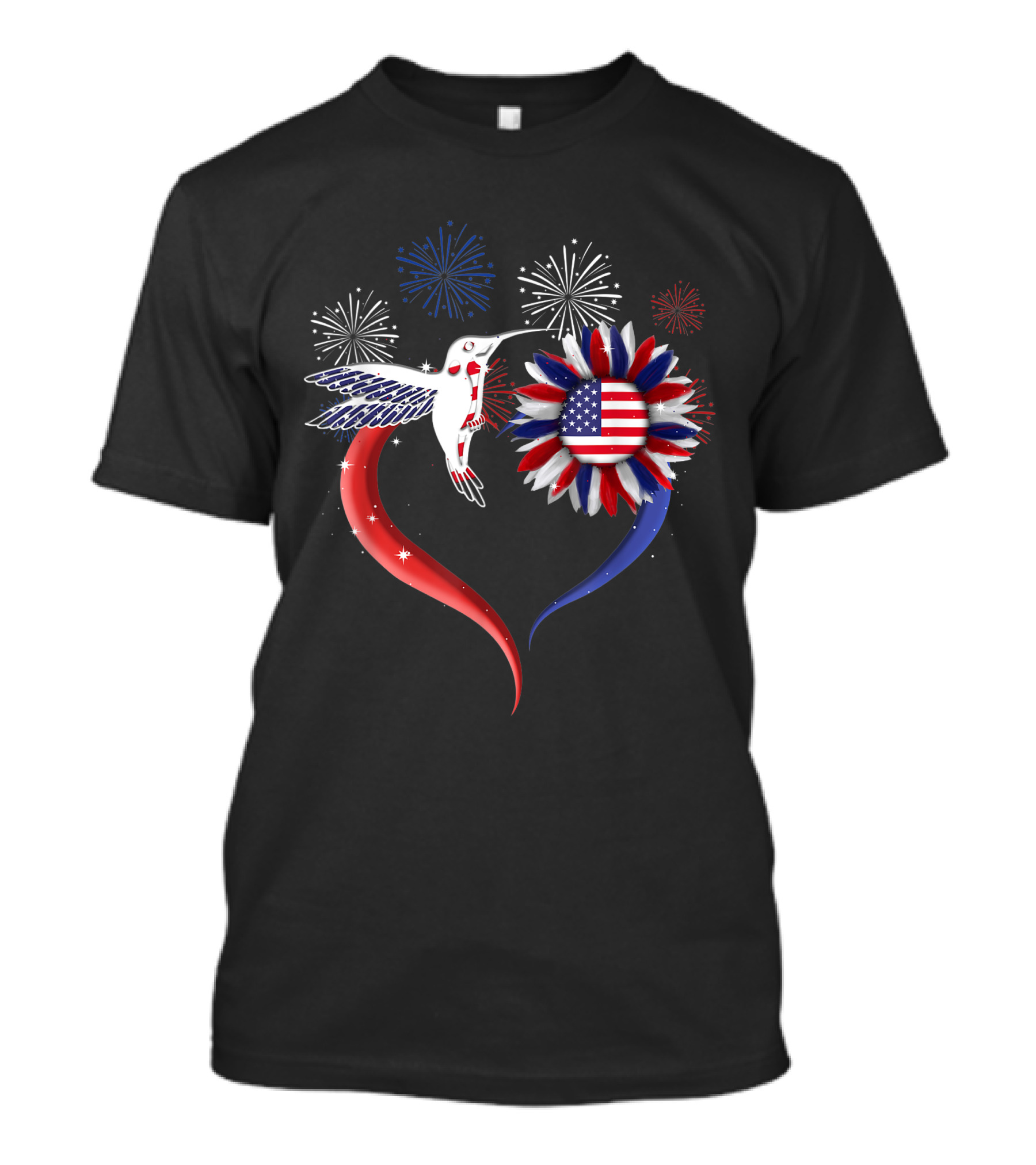 Heart Sunflower Hummingbird American Flag Fireworks 4th Of July T-Shirt