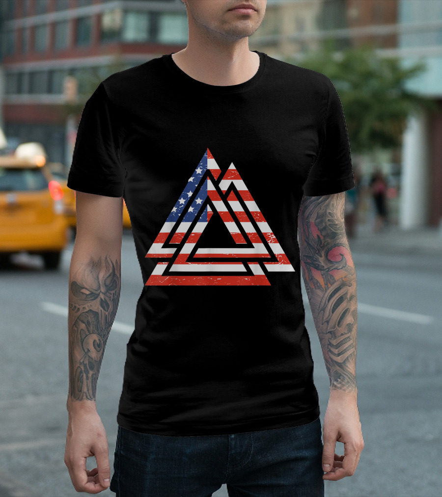 American Patriot Valknut Valhalla Rune Viking Warrior Flag T-Shirt