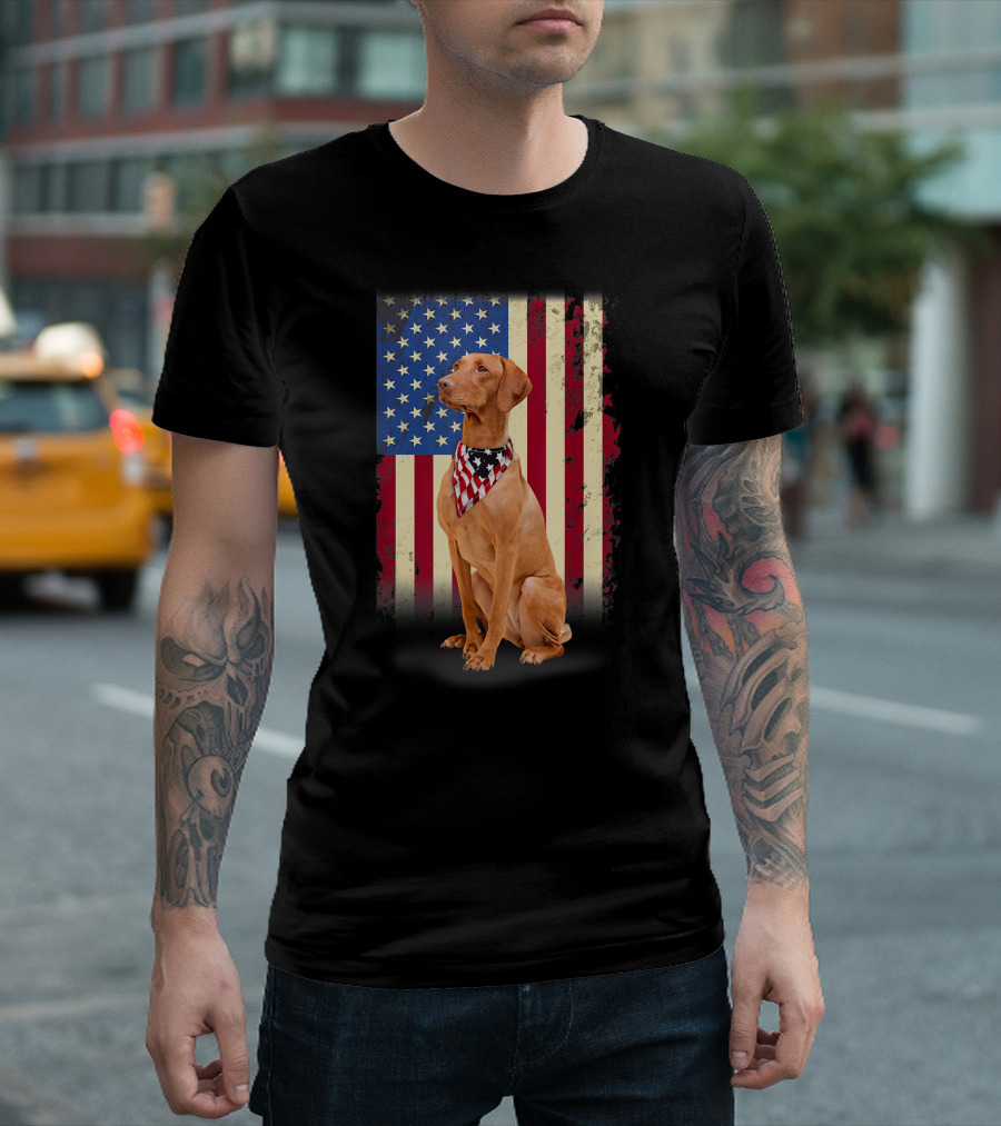 Vizsla Dog with American Flag Bandana USA Patriotic Background T-Shirt