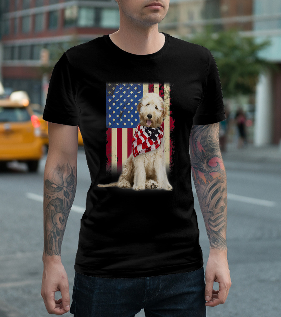 Patriotic Labradoodle with American Flag Scarf USA T-Shirt